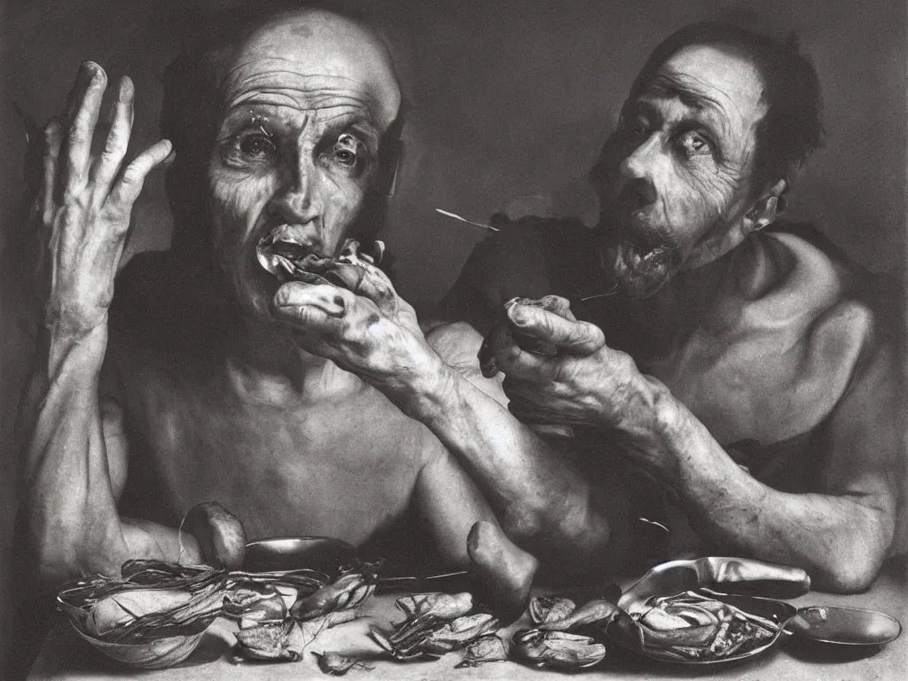 Prompt: Jaded factory worker eating bread. Golden harsh light. Portrait by Caravaggio, Roger Ballen