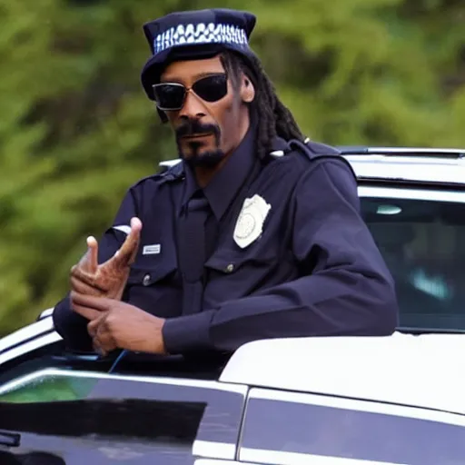 Image similar to Snoop Dogg is sitting in a police car wearing a cap C-11