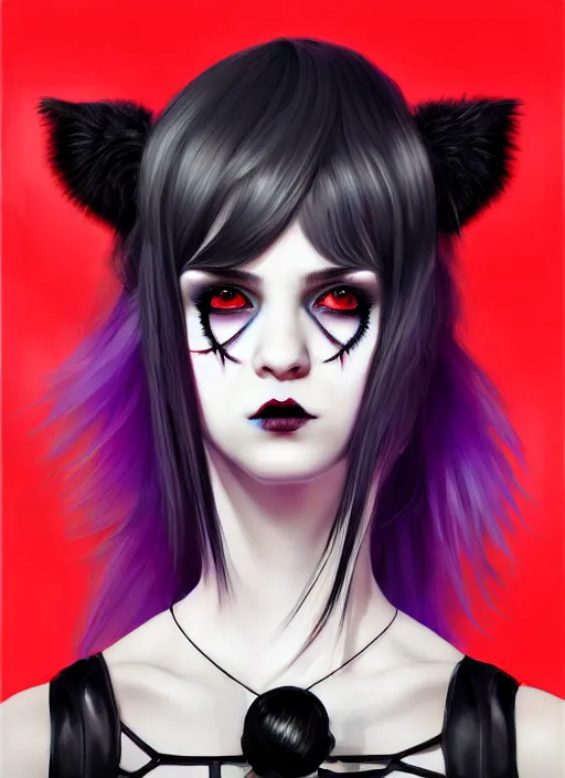 Image similar to portrait of white teenage girl, normal face, black bangs, mall goth, cyberlox, black and white hair, bangs, fluffy bangs, red contacts, purple lipstick, intricate, elegant, highly detailed, digital painting, artstation, concept art, sharp focus, smooth, illustration, art by wlop, mars ravelo and greg rutkowski