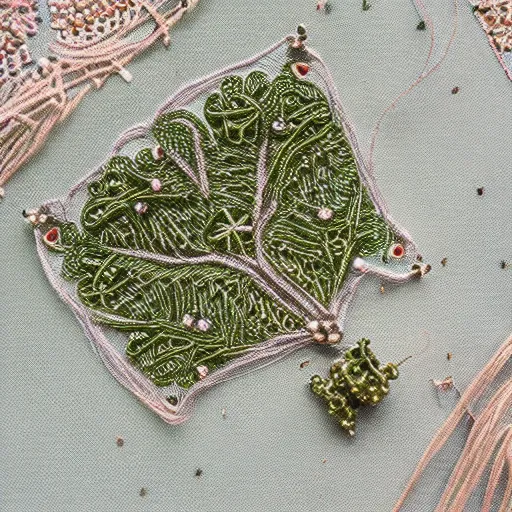 Prompt: a detailed product photograph of a little symmetrical intricately embroidered enchantment that represents abundance and playfulness and that friday feeling, made with tiny delica beads and glitter thread and herbs, organic olive green tones, light leaks