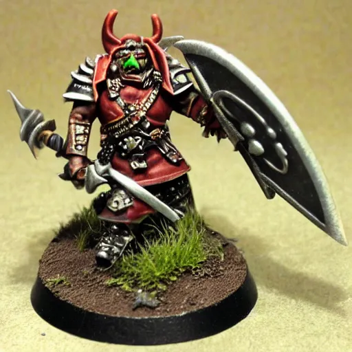 Image similar to warhammer fantasy battle, orc warrior with spear and shield