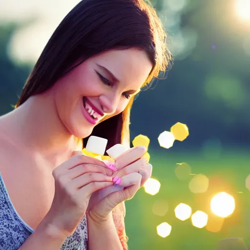 Image similar to beautiful advertising photo of a woman holding scented soap bars up to the viewer, smiling, summer outdoors photography at sunrise, bokeh, bloom effect