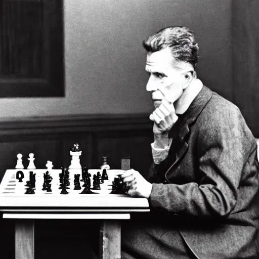 Image similar to ludwig wittgenstein and a robot, playing chess, dramatic angle