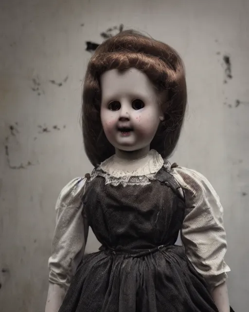 Prompt: closeup portrait of a creepy antique porcelain doll wearing a dirty dress with long wet black hair standing in a dimly lit filthy room in an abandoned old asylum at night, 8k octane render, cinematic, dramatic lighting, volumetric lighting, vintage photo