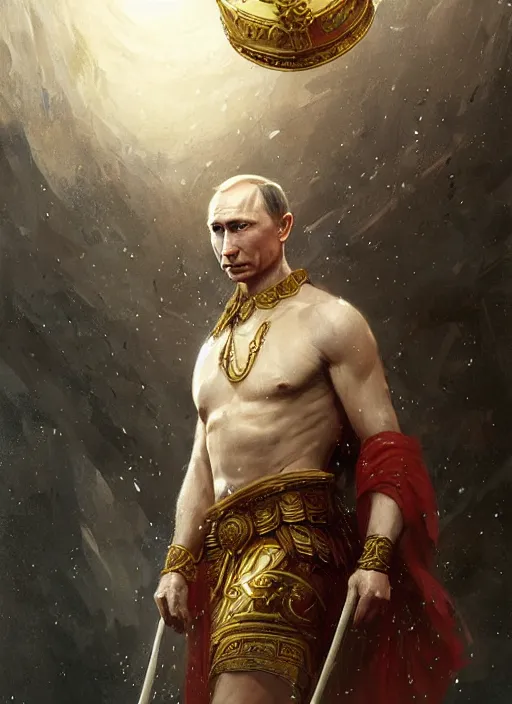 Image similar to vladimir putin as a magnificent beautiful greek god in a giant crown by greg rutkowski