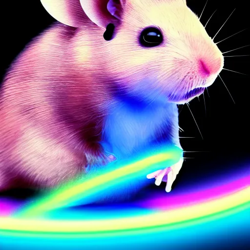 Image similar to cyberpunk hamster! holding rainbow! gem! crystal, neon lights, light reflection, 8 k, hd