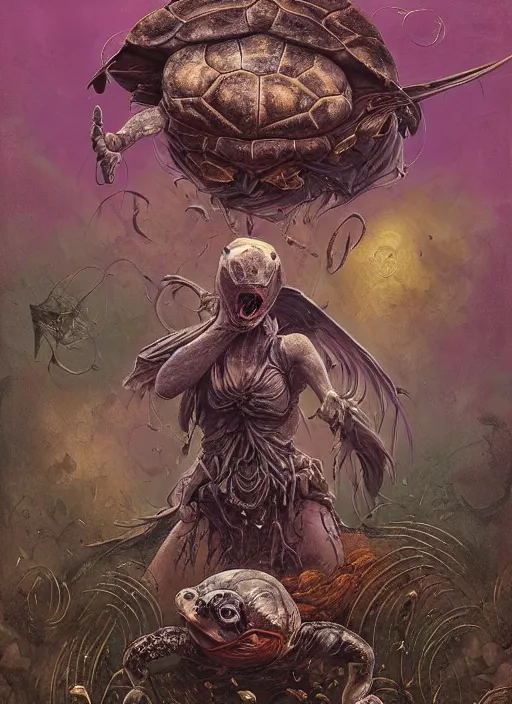 Prompt: the mock turtle, fool tarot card, highly detailed, cinematic, 8 k, by megan duncanson, benjamin lacombe, adrian borda, stanley artgermm, tom bagshaw, craig mullins, carne griffiths, ayami kojima, beksinski, giger, trending on deviantart, hyper detailed, horror, full of colour