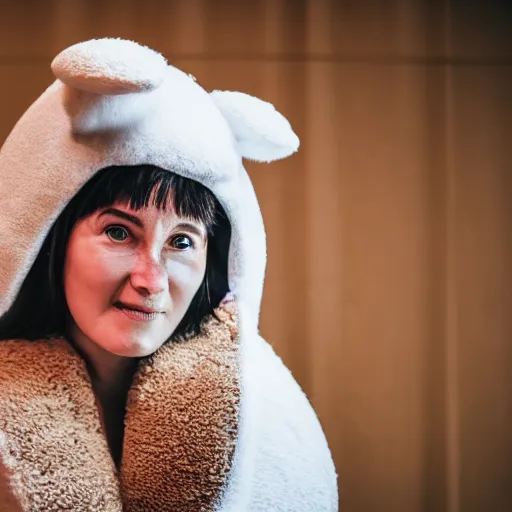 Image similar to portrait, woman in a sheep costume, on a theatre stage, stage lighting, editorial photography, 5 0 mm f / 1. 4