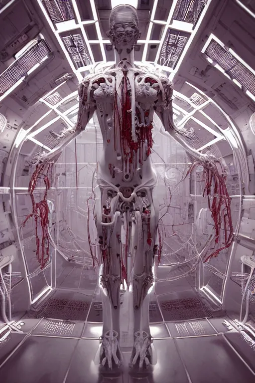 Image similar to high detailed white space station interior a statue jesus on cross made of red marble, perfect symmetrical body, full body shot, inflateble shapes, wires, tubes, veins, jellyfish, white biomechanical details, wearing epic bionic cyborg implants, masterpiece, intricate, biopunk, vogue, highly detailed, artstation, concept art, cyberpunk, octane render