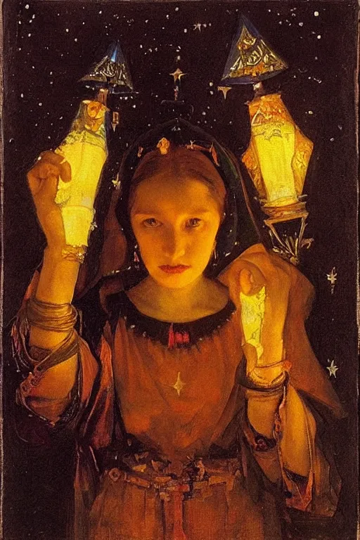 Prompt: queen of the darkness with her lantern and her stars, by Annie Swynnerton and Nicholas Roerich and Vermeer, strong dramatic cinematic lighting , ornate headdress , lost civilizations, smooth, sharp focus, extremely detailed