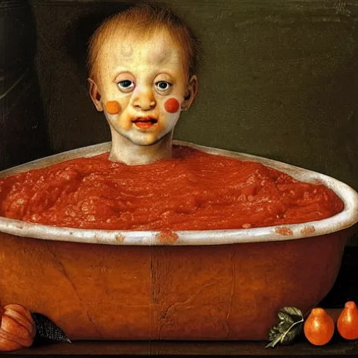 Image similar to a boy sitting in a tub full of tomato sauce, a lot of cabbage, by giuseppe arcimboldo and ambrosius benson, renaissance, fruit, intricate and intense oil paint, realistic