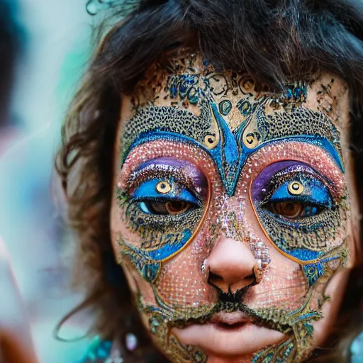 Prompt: the face of a person at a festival who has glimpsed the fourth dimension, intricately detailed, beautiful face, detailed eyes, award winning, 8 k