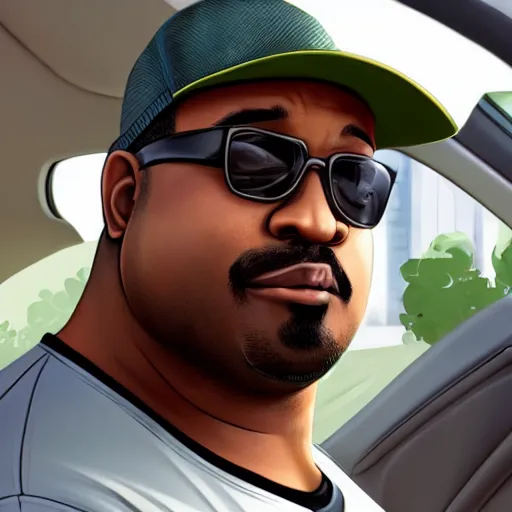 Prompt: hyper detailed digital painting of fat big smoke from gta : san andreas wearing a green fedora and green shirt in a car ordering food at a drive - thru, exaggerated expression, sunlight rays peering through, trending on artstation, intricate, smooth, sharp focus, beautiful shadows and lighting, studio quality, octane render, 8 k