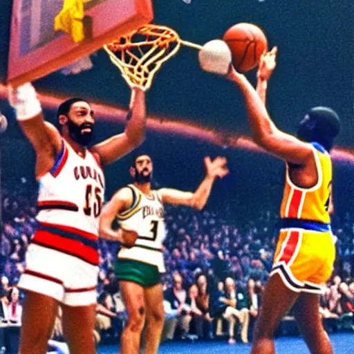 Image similar to candid shot of Wilt Chamberlain playing basketball with Looney Toons characters in Space Jam