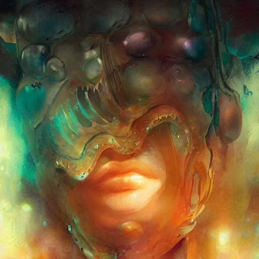 Prompt: portrait of a deep sea creature, realistic, digital art, illustration, vibrant watercolor, cold lighting, wenjun lin, reflections, refractions, film grain