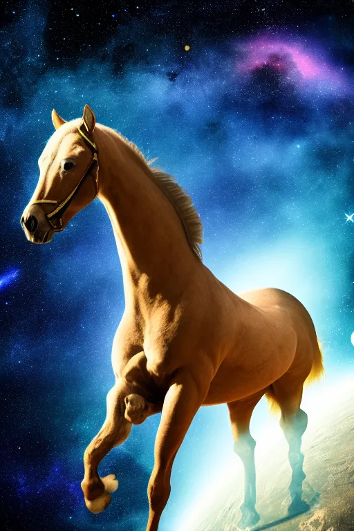 Prompt: astonaut horse, wearing space helmet, floating in space, nebulas and stars in background, space photography, ultrarealistic, sharp focus, intricate, ultra high definition, ultra resolution details, no duplicate, proportional, shadow effect, baroque environment