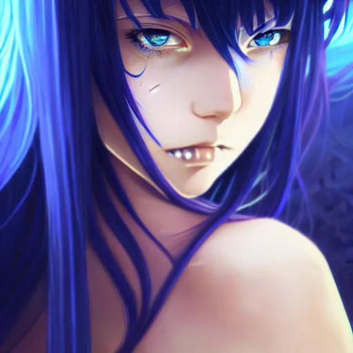 Prompt: attractive long blue - haired girl with bangs gothic anime character with / amber eye color gold / fantasy, screenshot, anime, sharp focus, intricate, illustration, cell shaded, digital painting, highly detailed, concept art, art by ilya kuvshinov and kyoto animation and wlop, and greg rutkowski, studio quality, james jean, artem demura