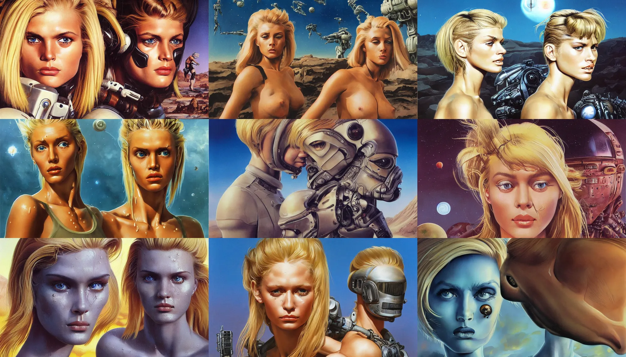 Prompt: A mixed media portrait painting of a very beautiful light-brown-hair / blonde woman on an alien planet, sweat, aesthetic symmetrical face and eyes, piercing gaze, photorealistic, model, wet, starship-troopers, pacific-rim-mech in background, eighties pinup style, by Frank Frazetta, Boris Vallejo, Beeple, Greg Rutkowski, Christian MacNevin, epic fantasy character art, full length, high fantasy, CGsociety, exquisite detail, post-processing, masterpiece, cinematic