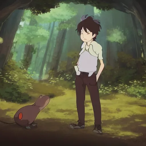 Prompt: friendly guy and small animal , with Fragile looking character portrait face made in Studio Ghibli artstyle ,highly detailed art, beautiful scene, sharp focus, smooth, 8k, anime art, fantasy, style in ghibli anime style, fantasy, island,8k