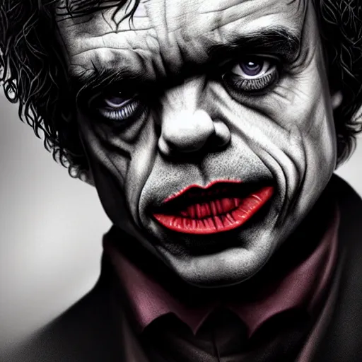 Image similar to peter dinklage as the joker, digital painting, extremely detailed, 4 k, intricate, brush strokes, mark arian, artgerm, bastien lecouffe - deharme