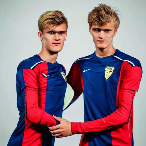 Image similar to a realistic detailed photo of a guy who is an attractive humanoid who is half robot and half humanoid, who is a male android, soccer player martin ødegaard, shiny skin, posing like a statue, blank stare, in a living room, on display, showing off his muscles, with a twin