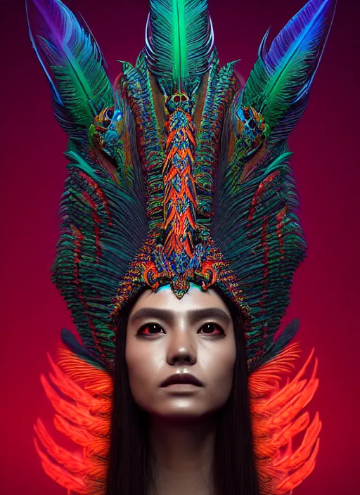 Image similar to 3 d mexican goddess medium shot portrait. beautiful intricate highly detailed quetzalcoatl helm and feathers. low - key lighting, bioluminescent, plasma, lava, ice, water, wind, stingray, magpie, creature, artwork by tooth wu and wlop and beeple and helmut newton, 8 k trending on artstation,