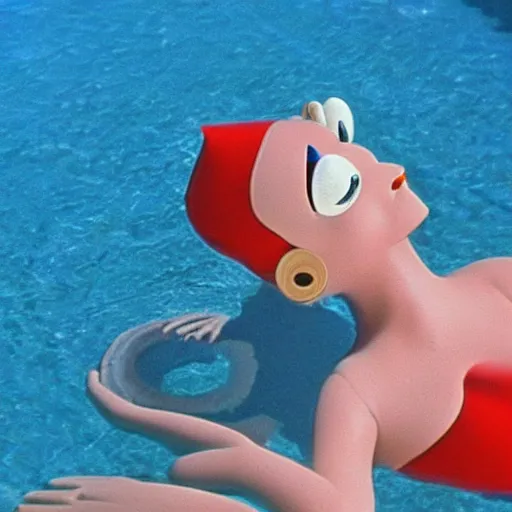 Prompt: a female anthropomorphic nostril in a swimming pool, children's television show, 1974, technicolor