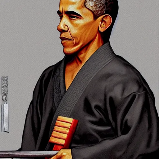 Image similar to portrait of Obama carrying a katana, photorealistic