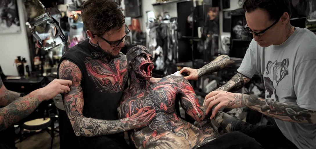 Image similar to Xenomorph XX121 getting a tattoo from Gary Woods in New Plymouth. james gurney, james jean, greg rutkowski, anato finnstark. hyper detailed, 50mm, cinematic indoor lighting volumetric