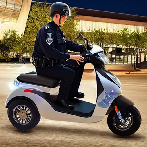 Prompt: a promotional photo of a police electric scooter with police lights on the handlebars