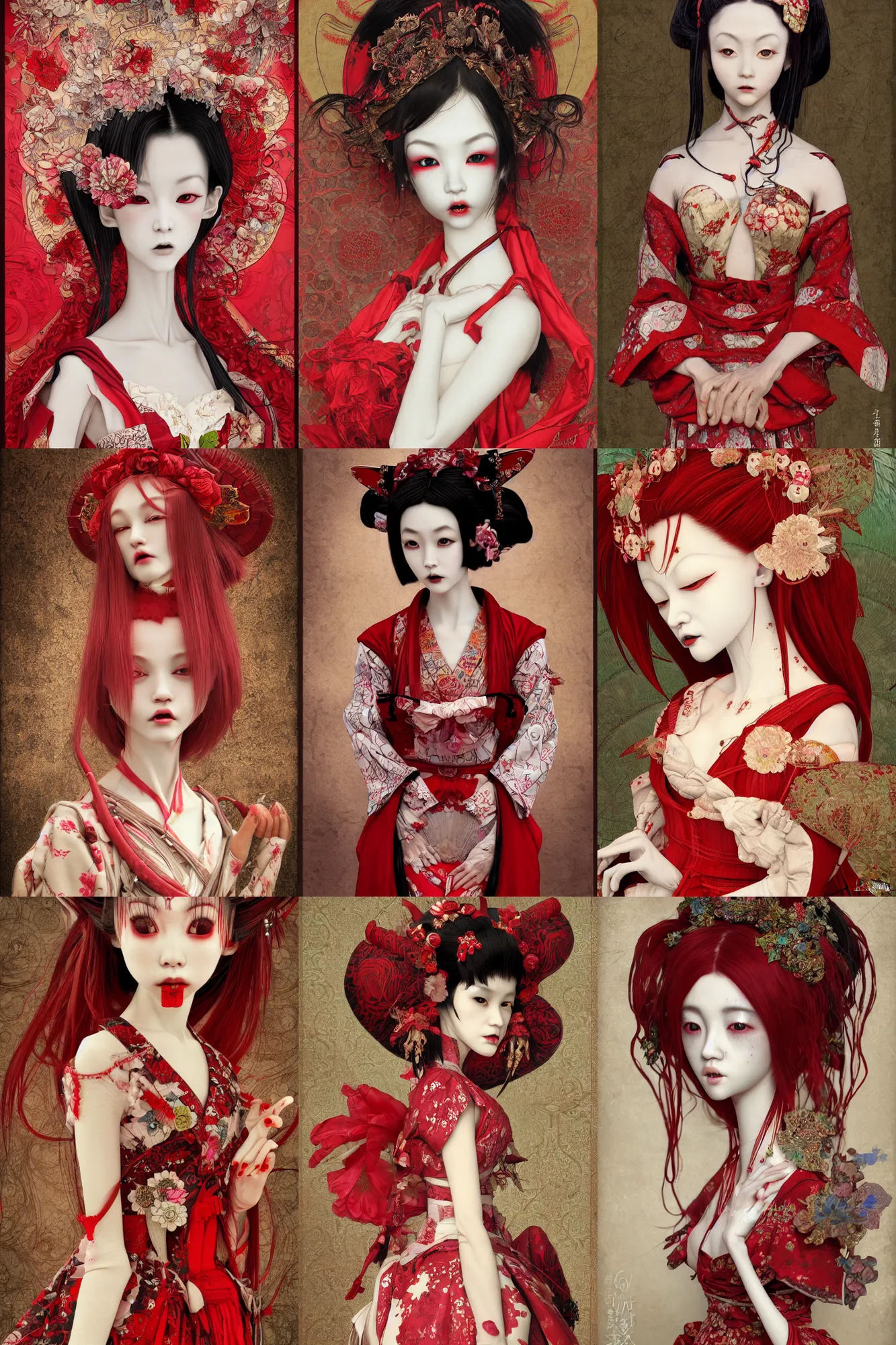 Prompt: photorealistic image of a emaciated japanese bjd geisha vampire queen with a long neck in a victorian lolita fashion red dress in the style of cosmic horror by nekro, alphonse mucha, dmt art, symmetrical vogue face portrait, intricate detail, cgsociety, rococo