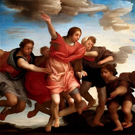 Image similar to running and falling on clouds, 4k, post-processing, detailed, Renaissance painting