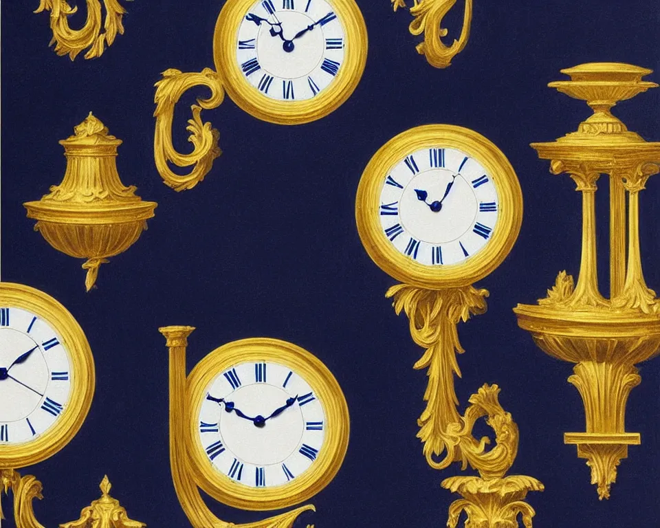 Prompt: an achingly beautiful print of gold clocks and marble corinthian capitals on a navy blue wall by Raphael, Hopper, and Rene Magritte. detailed, romantic, enchanting, trending on artstation.