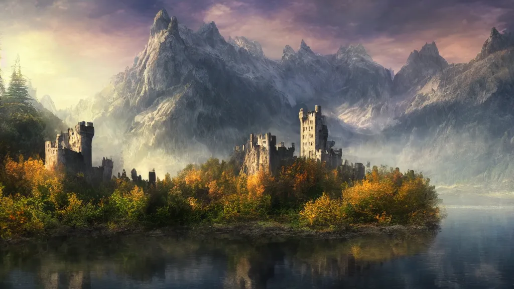 Prompt: towerhouse castle in mountains beside lake , Game of Thrones, volumetric lighting, fantasy artwork, very beautiful scenery, very realistic painting effect, hd, hdr, cinematic 4k wallpaper, 8k, ultra detailed, high resolution, artstation