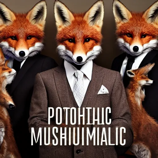 Prompt: photorealistic music album cover, with foxes animals dressed in suits, all looking at camera, studio lighting, award winning photograph, 8 5 mm f / 1. 4