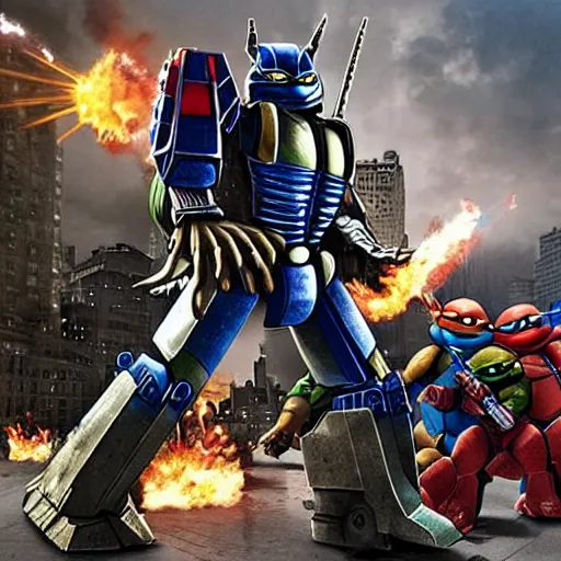 Prompt: optimus prime fights the teenage mutant ninja turtles in NYC, 4K, intricate detail,