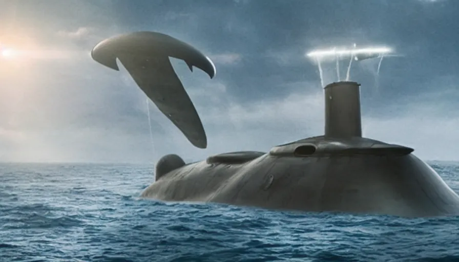 Prompt: big budget movie about a submarine crashing into an underwater UFO