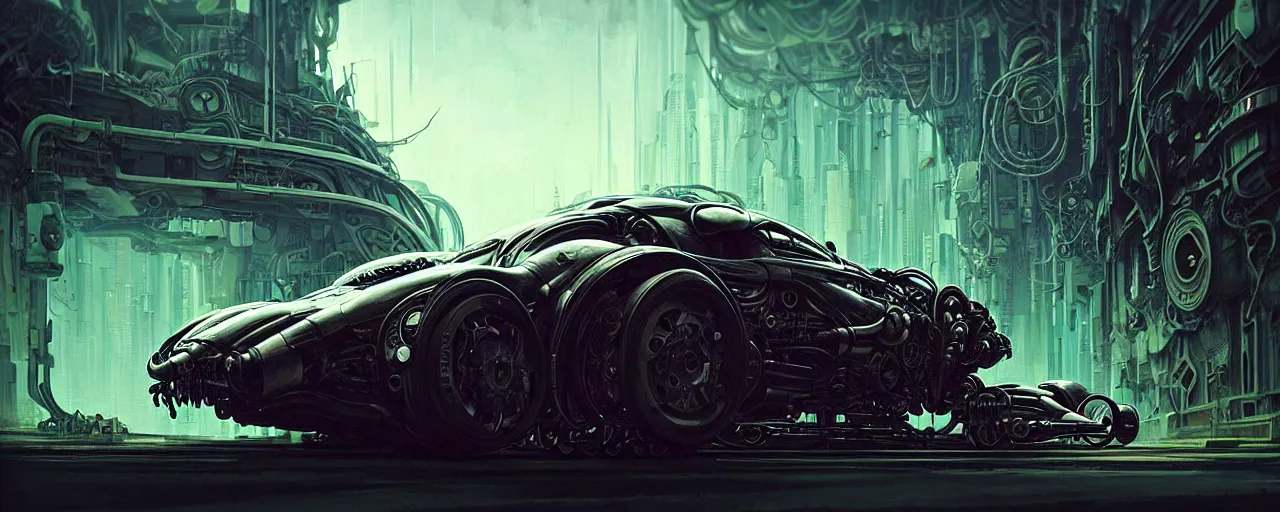 Image similar to shiny cyberpunk vehicle reminiscent of fast car with robotic enhancements parked in ancient mystic woods, gothic and baroque, brutalist architecture, ultradetailed, creepy ambiance, fog, artgerm, giger, Intricate by Ellen Jewett and Josan Gonzalez and Giuseppe Arcimboldo