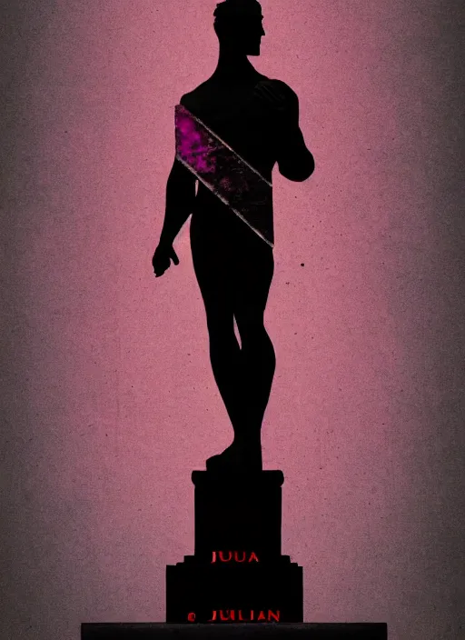 Prompt: elegant dark design poster showing a statue of julius caesar, black background with very subtle red and purple design elements, soft edges, powerful, nekro, vito acconci, thin straight purple lines, dark, glitch art, neo vaporwave, gritty, layout frame, square, trending on artstation