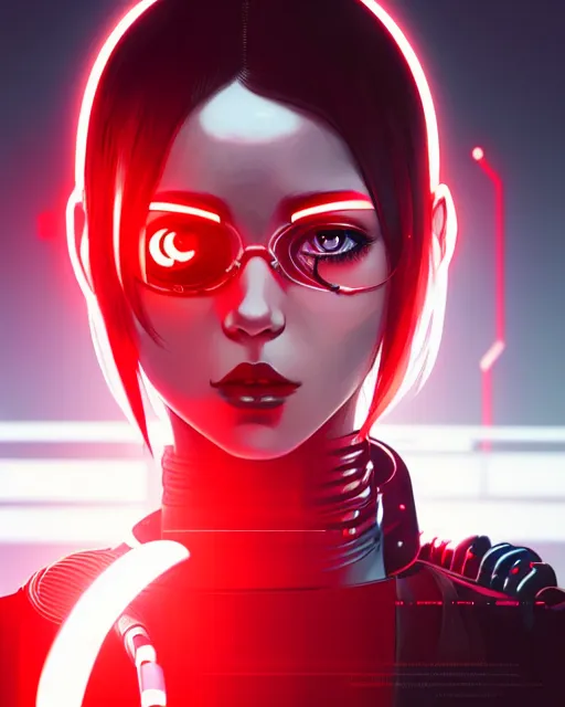 Image similar to a detailed potrait of a cyberpunk cyborg girl with black and red parts, perfect face, realistic shaded perfect face, detailed. night setting. very anime style. realistic shaded lighting poster by ilya kuvshinov katsuhiro, unreal engine, global illumination, radiant light, detailed and intricate environment