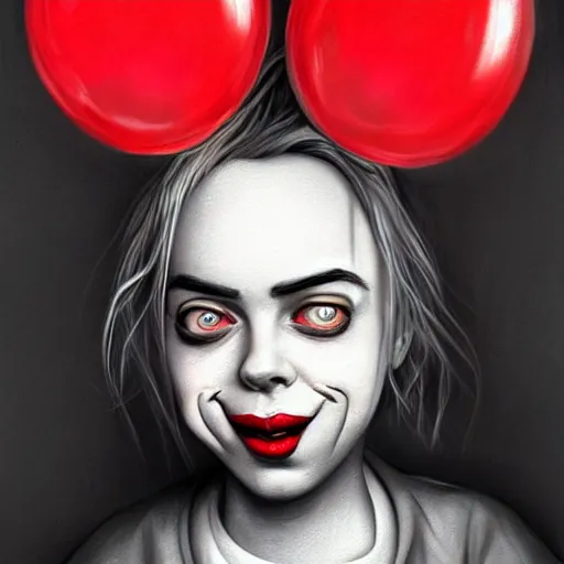 Prompt: surrealism grunge cartoon portrait sketch of billie eilish with a wide smile and a red balloon by - michael karcz, loony toons style, pennywise style, horror style, detailed, elegant, intricate