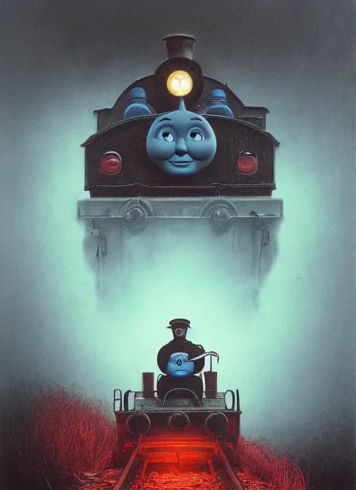 Image similar to thomas the tank engine in style of zdzisław beksinski, extremely dramatic lighting, 8 k, tendrils, black, darkness, black slime tendrils, infected, rust, body horror, thomas the train, thomas the tank engine face, horror,