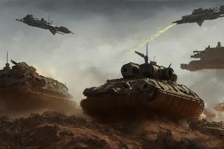 Prompt: A dieselpunk mega battle tank, crossing a trench while firing it's main canon, matte painting by Greg Rutkowski Raphael Lacoste and John Berkey, realistic, raytracing, trending on Artstation