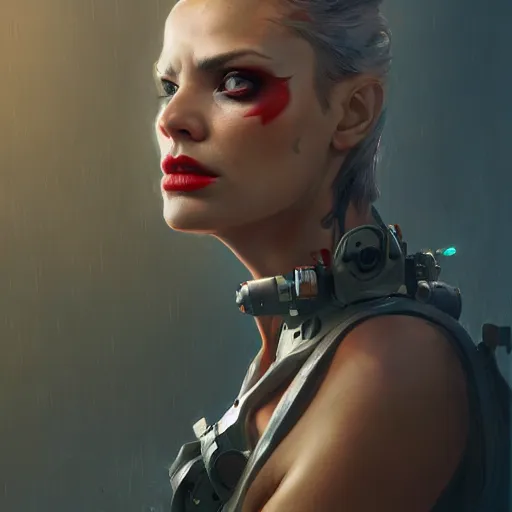 Image similar to tank girl, highly detailed, half android, power implants, body transmogrify, beautiful, mesmerising, look of desire, loving stare, digital painting, trending on artstation, concept art, 4 k, sharp focus, illustration, art by greg rutkowski