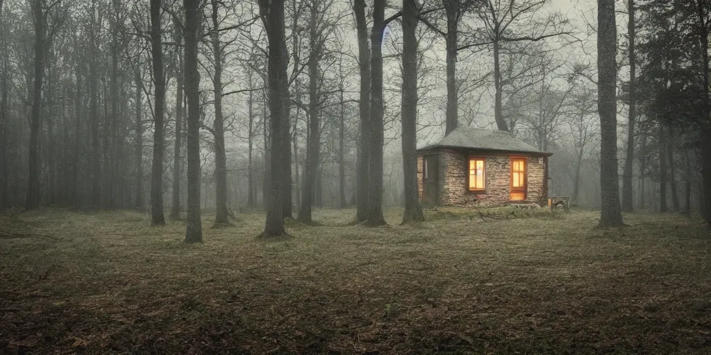 Image similar to solitary cottage in the woods and empty woods, 8k, fantasy, hyper realistic, atmospheric lighting