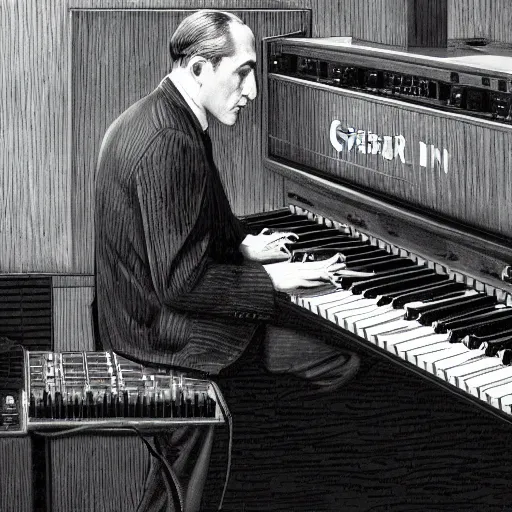 Prompt: photo of george gershwin playing a modular synthesizer, realistic, sharp focus, 4 k high definition, insanely detailed, intricate, elegant, art by stanley lau and artgerm