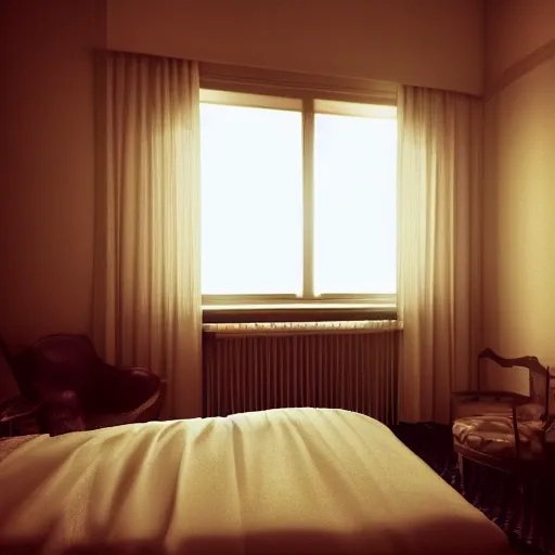 Image similar to hotel room, musty, ambient lighting, light shafts from window blinds, sun ray, dusty, moody, atmospheric, beautiful, abandoned room, motel room, artstation award, detailed