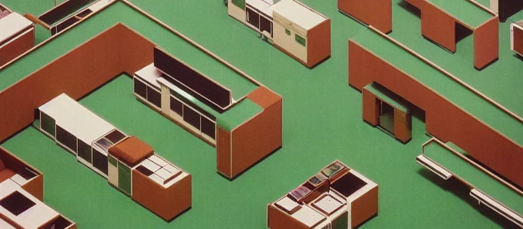 Image similar to huge sprawling gargantuan angular dimension of infinite indoor landscape 7 0 s green velvet and wood with metal office furniture. surrealism, mallsoft, vaporwave. muted colours, 7 0 s office furniture catalogue, shot from above, endless, neverending epic scale by escher and ricardo bofill