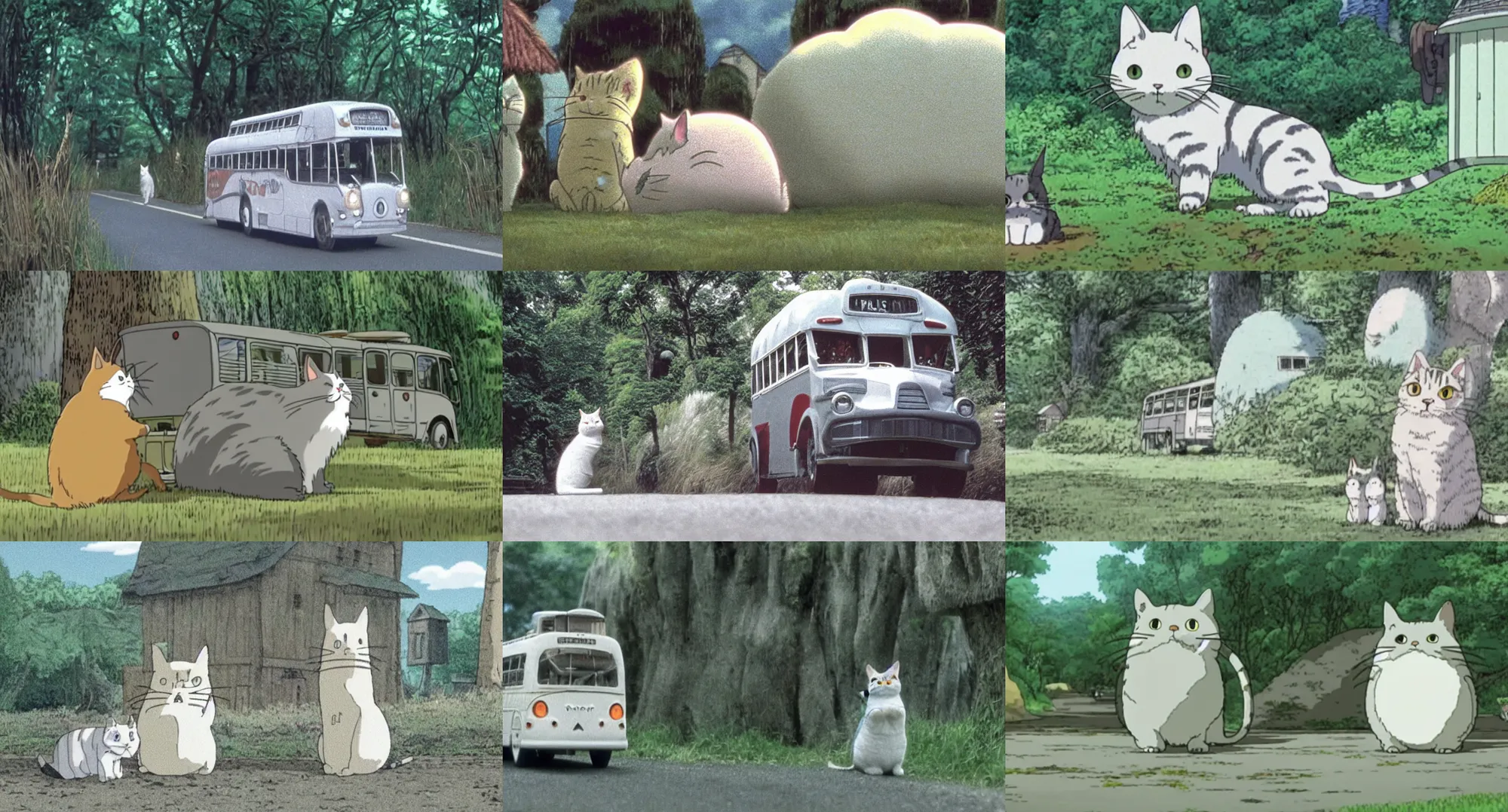 Prompt: award - wining extreme wide shot movie still of a white and grey tabby cat bus, in my neighbor totoro by studio ghibli, high detail, cat shaped like a bus