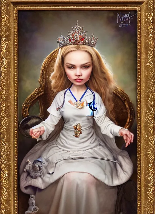 Image similar to highly detailed closeup portrait of a nurse princess wearing a crown and sitting on an ice throne surrounded by bunnies, nicoletta ceccoli, mark ryden, lostfish, earl nore, hyung tae, frank frazetta, global illumination, god rays, detailed and intricate environment